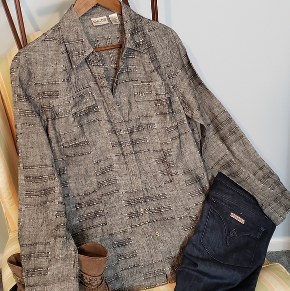 Linen Full Snap Button Down Minimalist Capsule Neutral Shirt 0/small Chico's - Picture 6 of 15